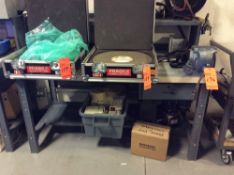 6' metal worktable with over shelf and 6" vise