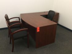 L-shaped wood desk with executive chair and (2) arm chairs (LOCATED IN BATAVIA)