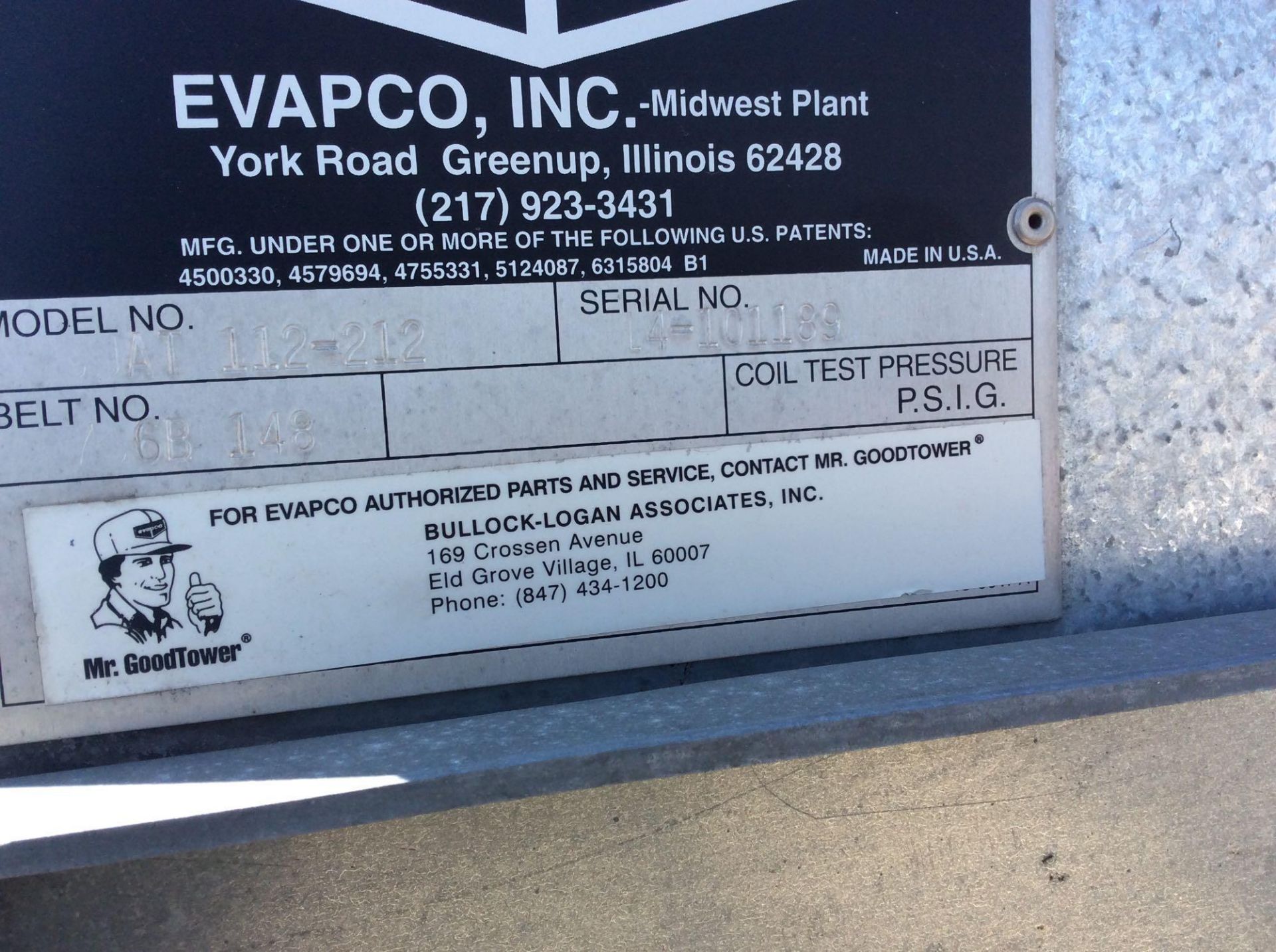 Evapco cooling tower, mn AT-112-212 (ON ROOF)