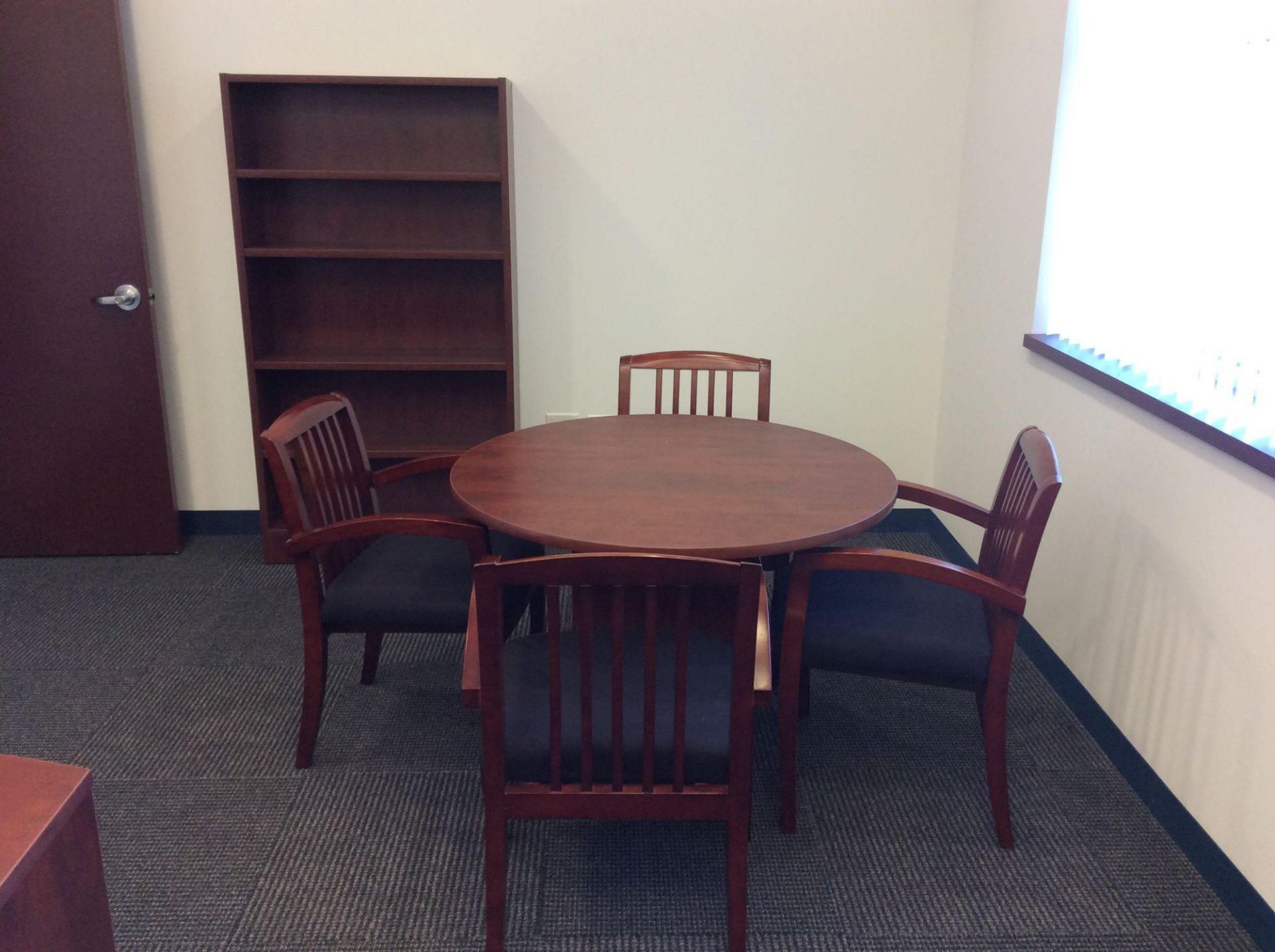 Office suite including U-shaped executive wood desk with over shelf, 42" conference table with (4) a - Image 3 of 3