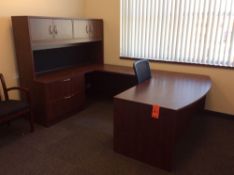 Office suite including U-shaped executive wood desk with over shelf, executive arm chair, and (2) ex