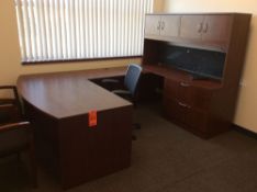 Office suite including U-shaped executive wood desk with over shelf, executive arm chair, and (2) ex