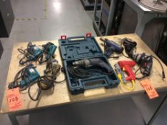 Lot of asst electric hand tools including (5) drills, (1) right angle grinder, (1) stapler, (1) sold