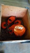 CM Cyclone 10 ton capacity manual chain hoist, with load limiter, and wood case,