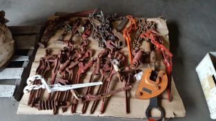 Lot of assorted chain binders, panel clamp, pallet clamp, and lg quantity hooks etc.