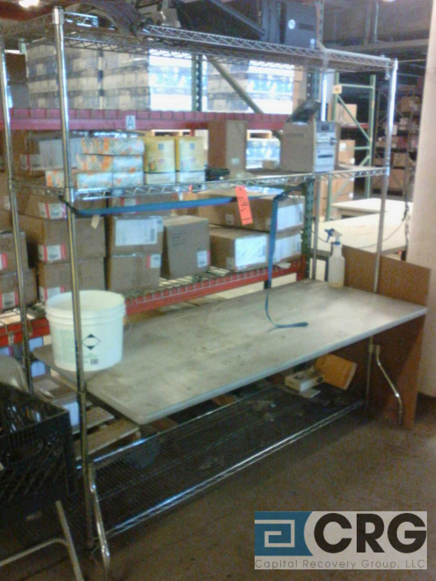 Lot of (4) asst workbenches, packing tables, storage racks, with contents - in rear shipping area - Image 3 of 3