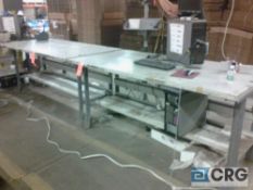 Lot of (3) metal workbenches (no contents), and (3) shelving racks, with contents - asst packing/