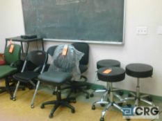 Lot - remaining contents of conference room - multiple chairs and stools, desk and shelving units,