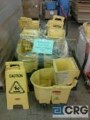 Lot of (4) Rubbermaid/Brute mop buckets w/ringers, and (4) wet floor signs