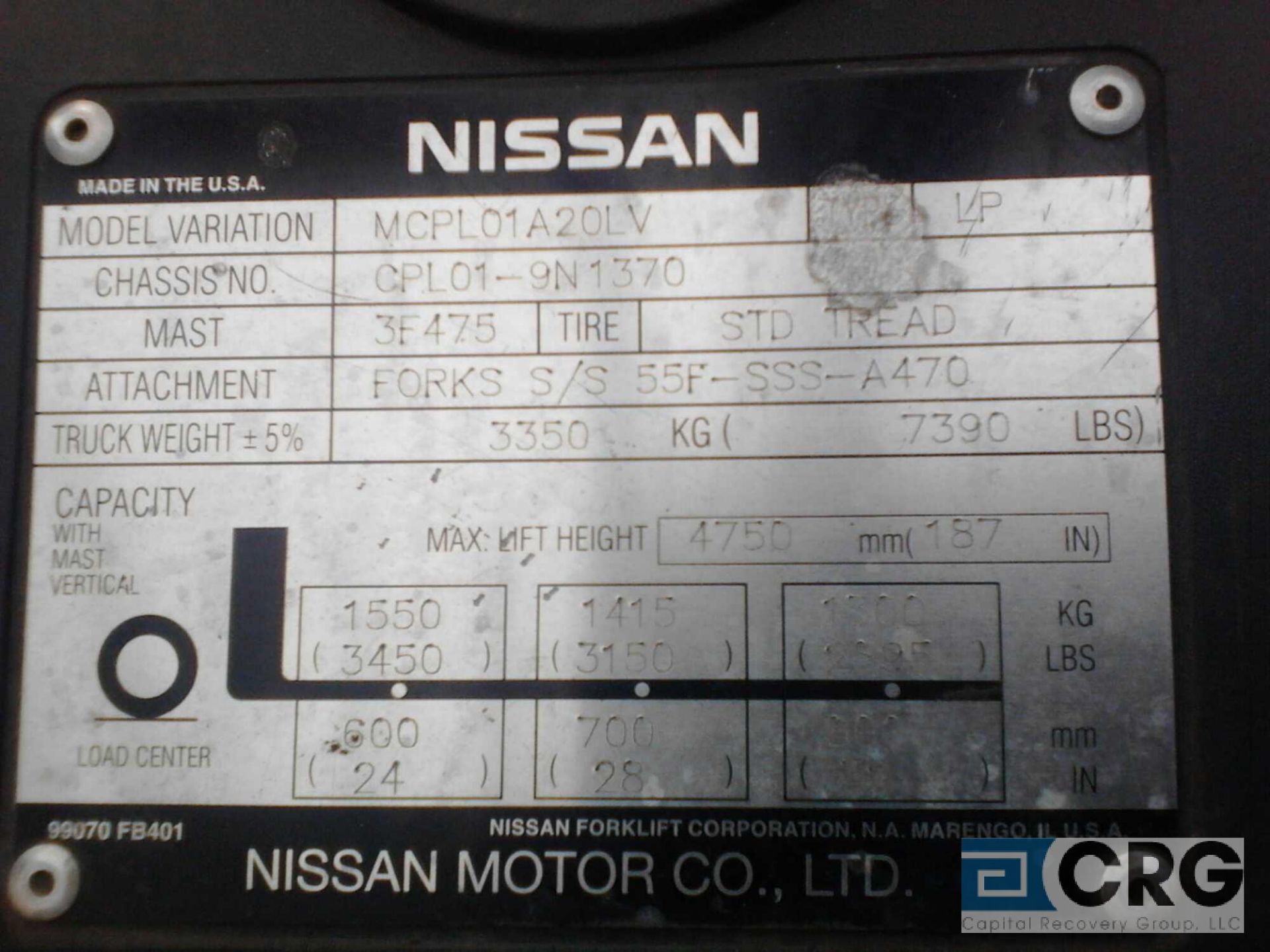 2005 Nissan 40, 4500 lb LPG Forklift, m/n MCPL01A20LV, s/n CPL01-9N1370, 3 Stage mast, 189" lift, - Image 3 of 3
