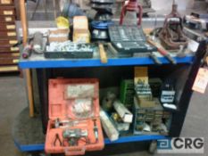 Lot - contents of (3) benches and (2) cabinets - includes hand tools, drill bits, hardware, winch,