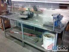 7' stainless steel workbench with Irwin vise, Kawasaki dual grinding wheel, and drill press