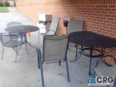 Lot - (2) outdoor patio tables, (7) chairs, and (3) smokers stands