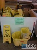 Lot of (10) Rubbermaid/Brute mop buckets w/ringers, and wet floor signs
