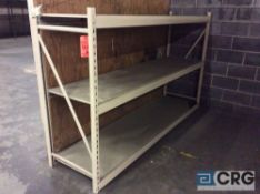 Lot of (21) 60" high x 26" deep x 8' long sections of 3 tier adjustable metal shelves with wood