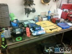 Lot of asst tools/contents of bench top - includes vise, dual grinding wheel, battery charger,