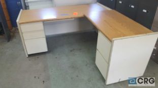 Lot of (2) assorted modular type desks with wood grain top and return