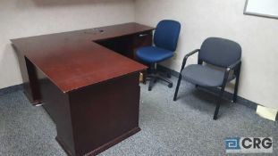 Lot of assorted office furnishings including a desk, two chairs, and a whiteboard, nothing