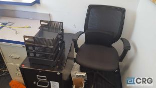 Lot of assorted office furnishings including four stools, three chairs, counters, desks, file