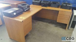 Lot of (2) assorted wood desks one L-shaped secretarial and one straight 60" double pedestal