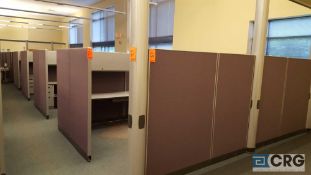 Lot of assorted partioned office cubicles, includes 8 work stations with desks and overshelves, 5