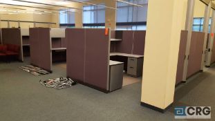 Lot of assorted partitioned office cubicles, includes 8 work stations with desks and overshelves,