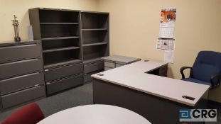 Lot includes contents of 5 assorted offices. Includes 4 L-shaped desks, 4 round tables, two