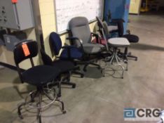 Lot of assorted chairs, stools, (2) two Door metal storage cabinets, (4) assorted folding leg