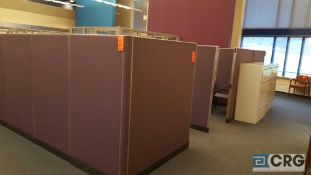 Lot of assorted partitioned office cubicles, with 3 work stations, desks and over shelves, 5 1/2'