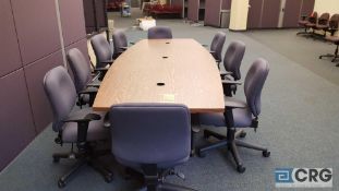 Lot includes one 8 foot oval conference table with dark oak formica finish and squared off ends, + 9