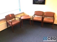 Lot of assorted Lobby furniture, including 5 assorted upholstered wood arm chairs, one wood end