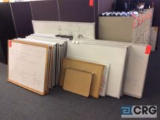 Lot of assorted dry erase whiteboards, and cork boards, and one portable blueprint hanging cart,