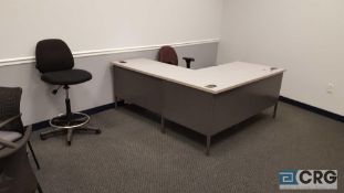 one lot of office furniture, including 1) L shaped desk, two lateral type metal file cabinets, 1) 36