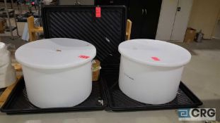 Lot of (2) 3' diameter x 2' high poly tanks with removable lids, and (3) plastic catch pans.
