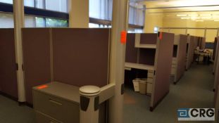 Lot of assorted partitioned workstations, with eight workstations with desks over shelves file