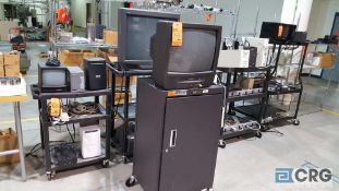 Lot of assorted electronic accessories etc, with six carts, including three monitors, power cords,