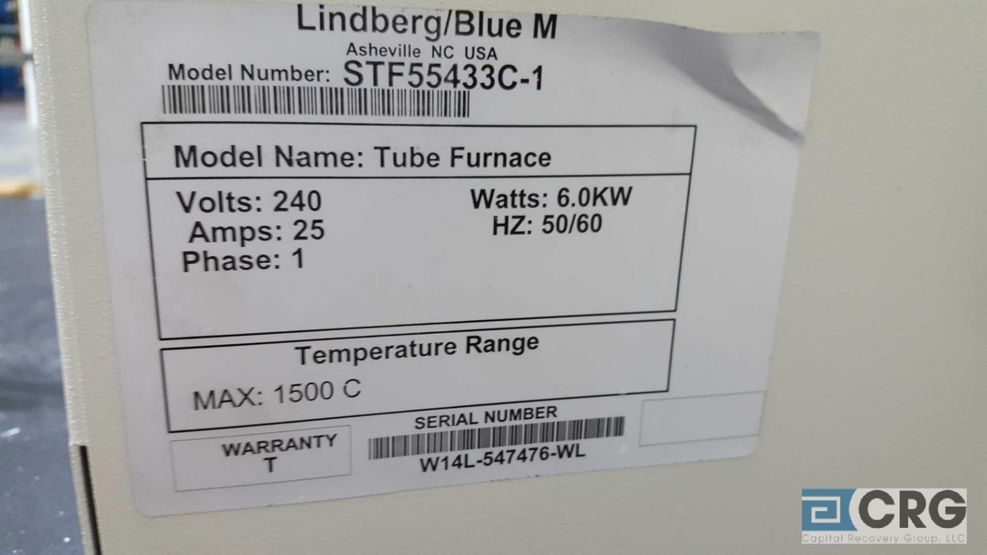 Lindberg/Blue M tube furnace, model tube furnace, serial number W14L-547476-WL - Image 3 of 5