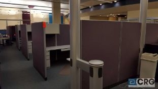 Lot of assorted partitioned office cubicles, with 6 work stations, with desks and overshelves, 5 1/2