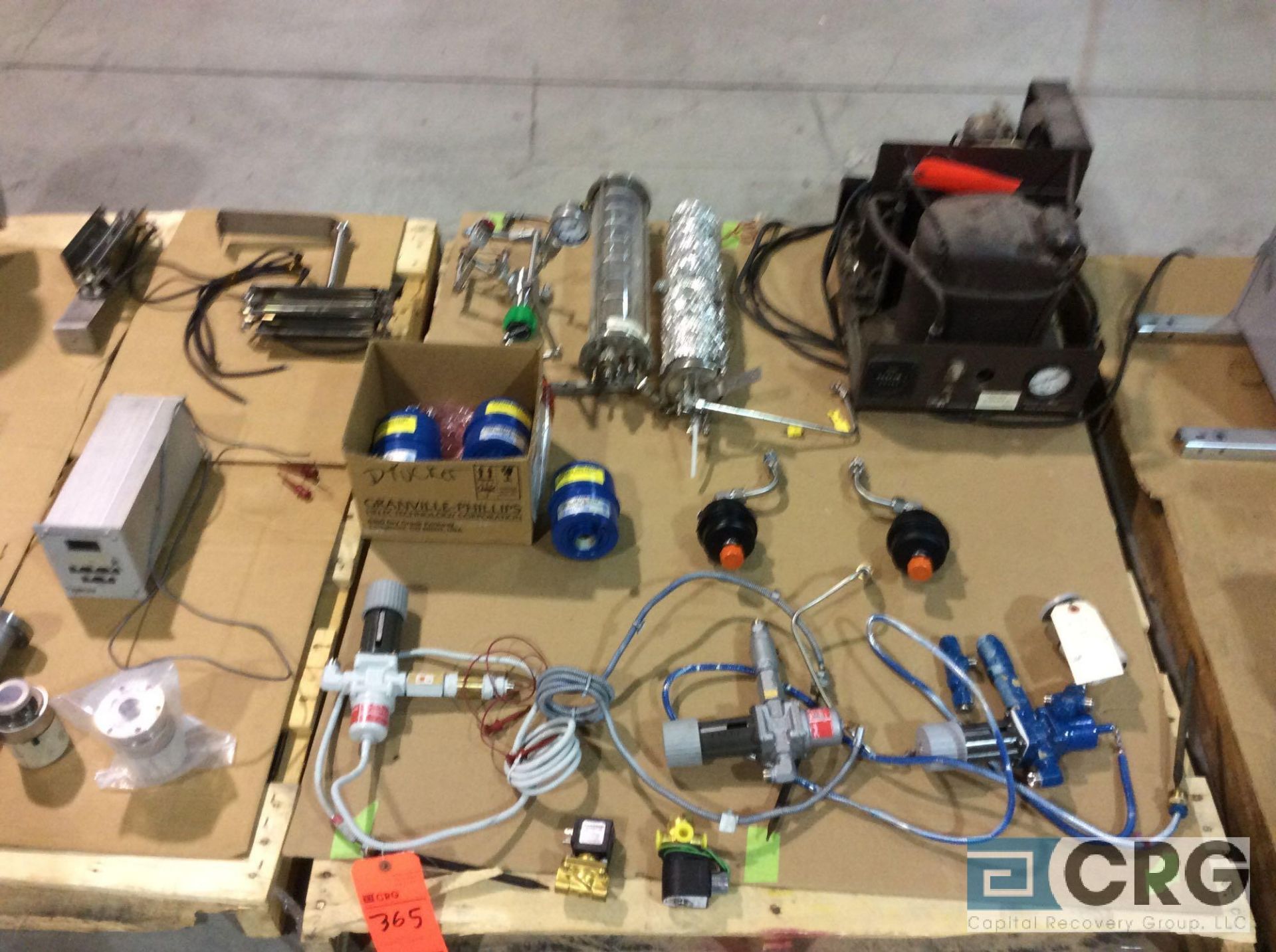 Lot of assorted valves, filters, gages, water tubes, and lights, Cryo-Torr high vacuum pump,