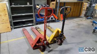 Lot includes two assorted hydraulic pallet jacks, one with 27" x 48" forks, and one with 18" x 48"