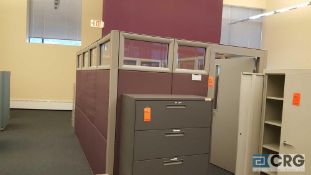 Lot of assorted partitioned office cubicles, with 7 work stations, desks, file cabinets, over