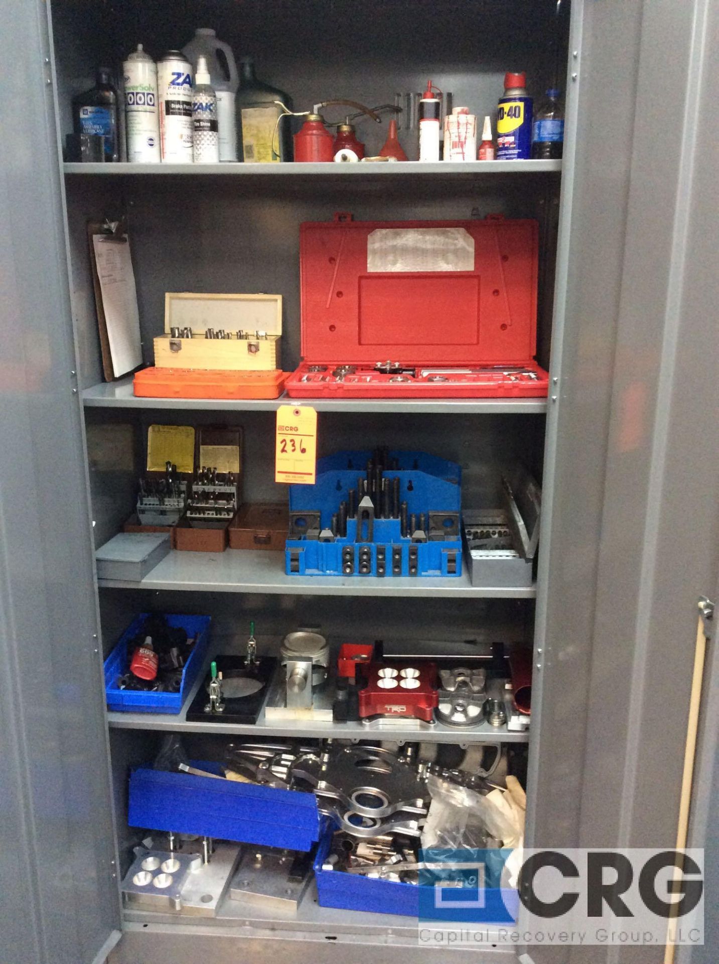 Lot of asst perishable tooling and and machine shop accessories With 2D storage cabinet