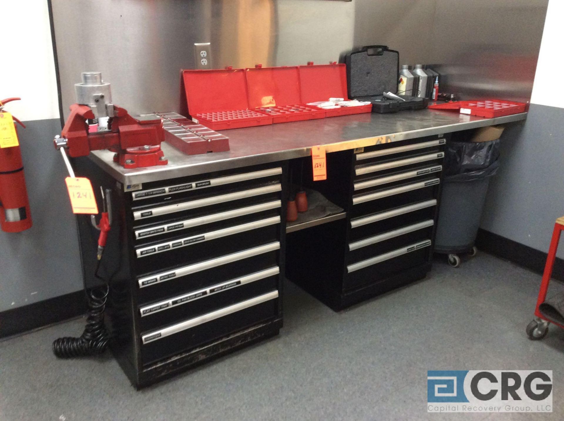 Lista workbench including (2) Lista 7-drawer parts cabinets, 8' stainless steel top and 6" bench