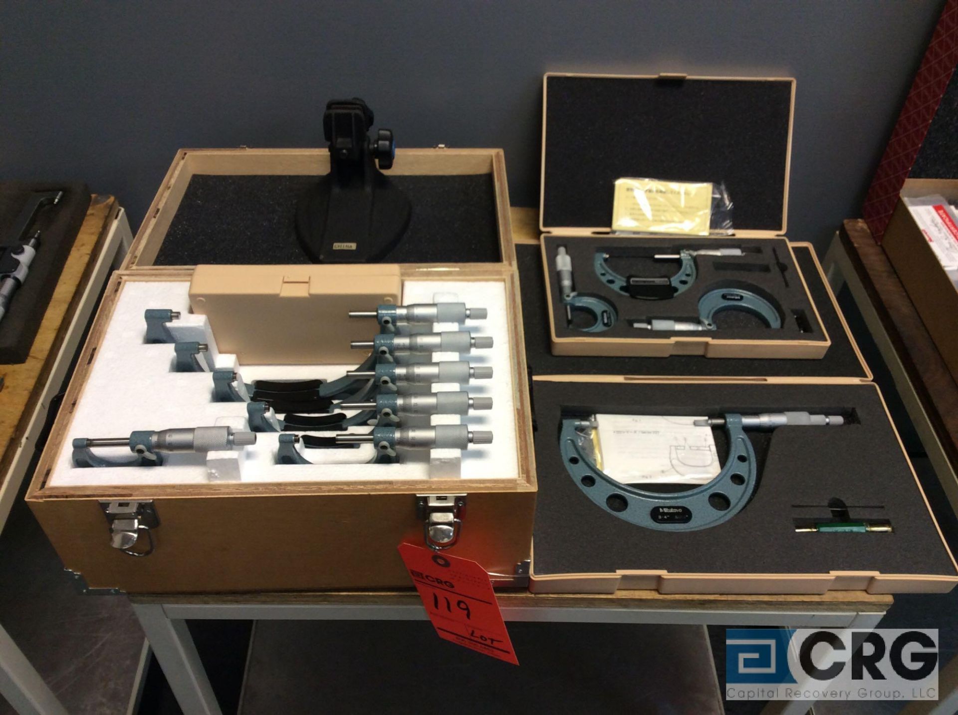 Lot of Mitutoyo OD micrometers including (1) set of 0-6" mc set with case, and (1) 3-4" OD