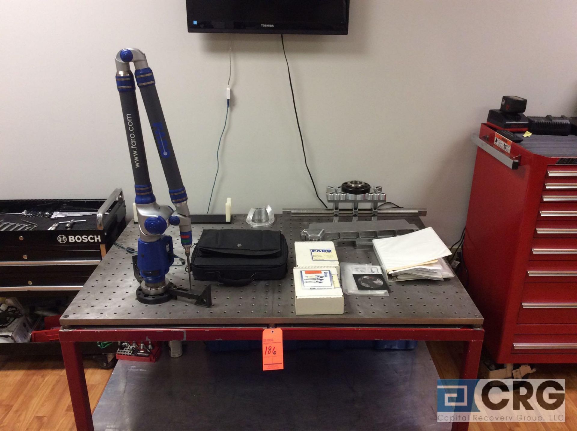 2006 Faro Titanium Arm CMM scanning probe with case on set-up table with fixturing and software