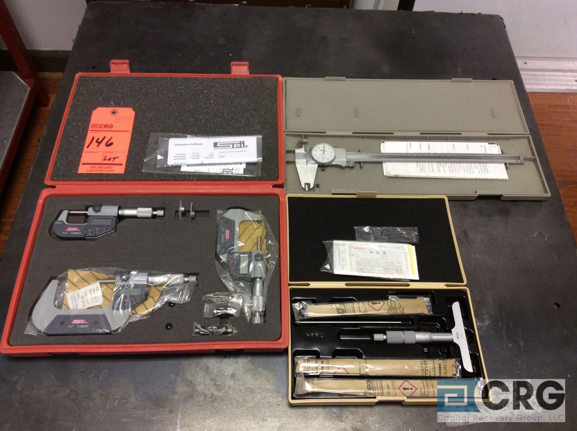 Lot of inspection tools including SPI 3-pc digital micrometer set, Mitutoyo 4-6" depth mic set,