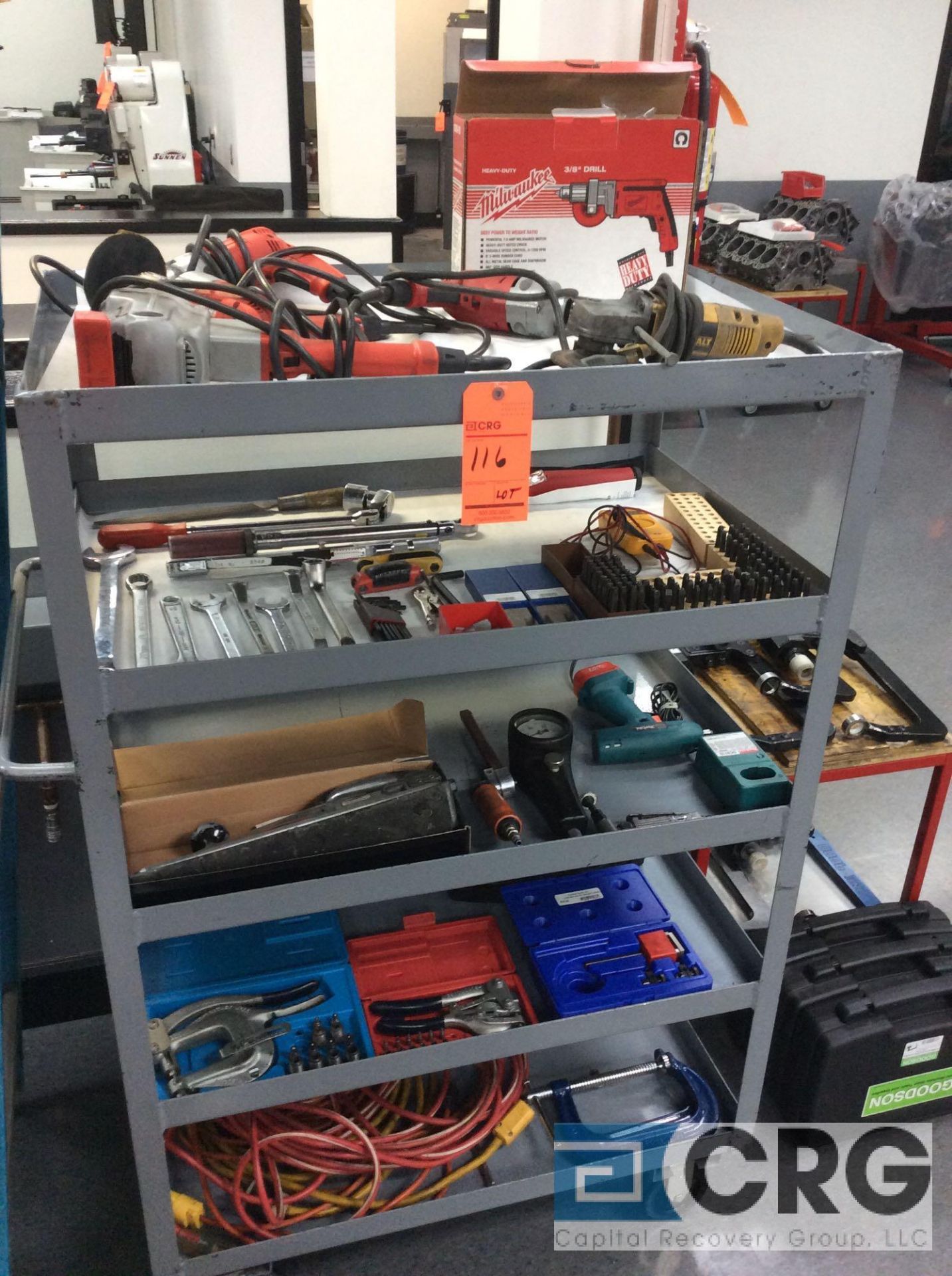 Lot of asst hand tools with 5- tier portable cart (LOTS 116-139 ARE LOCATED MACHINE SHOP MAIN BLDG)