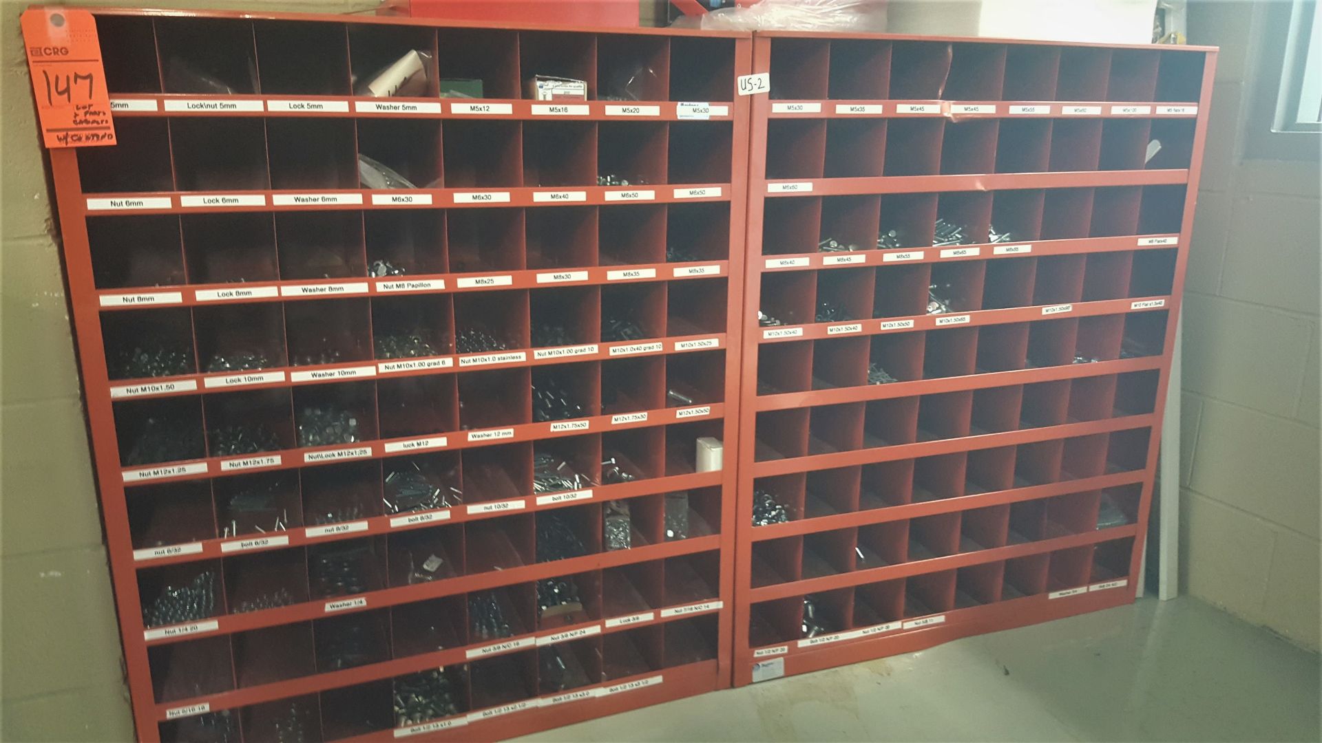 (2) 72 Cubby part storage with contents incl screws, nails, bolts and washers