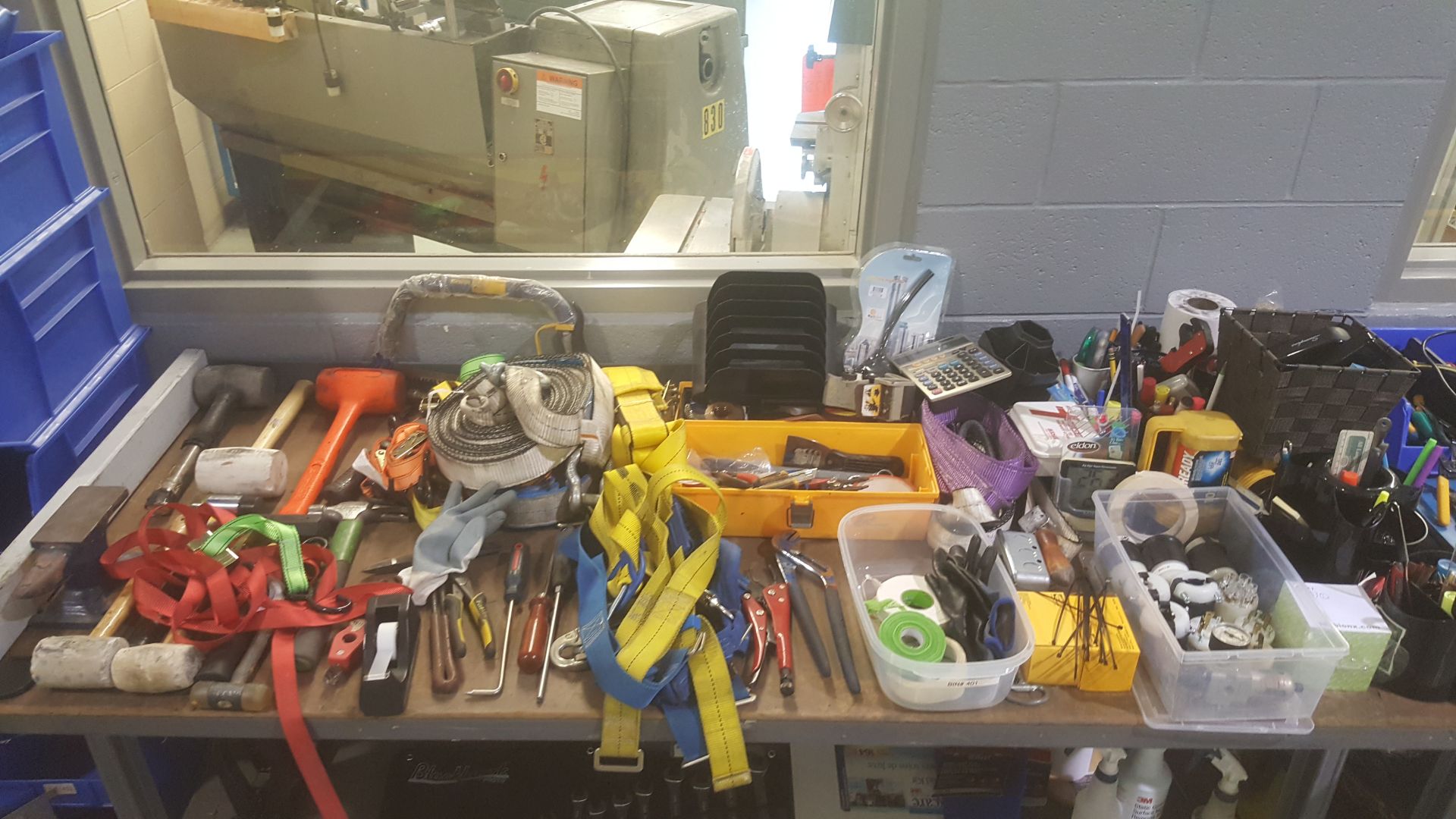 Lot of misc tools: tape guns, bolt cutters, measuring tape, wrench set, gloves, packing straps - Image 10 of 12