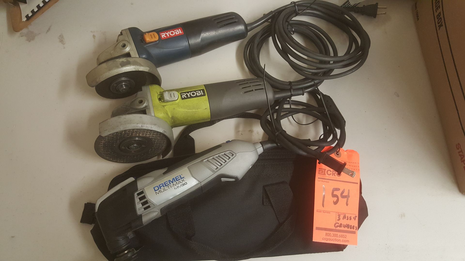 (1) RYOBI corded grinder AG4031G (1) AG402 RYOBI grinder (1) DREMEL multimax MM30 w/ case